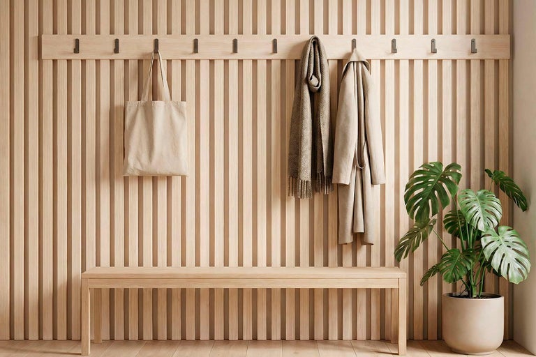 Entrée avec mur en panneaux de bois, banc de vestiaire, patère, sac, écharpe, manteau et plante en pot