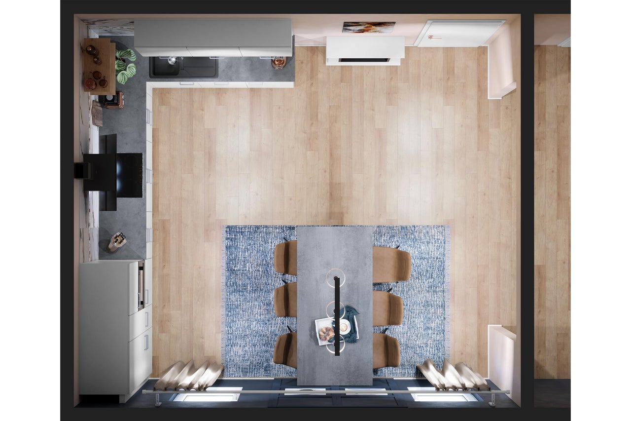 Vue intérieure de dessus : cuisine, salle à manger avec table, chaises et tapis