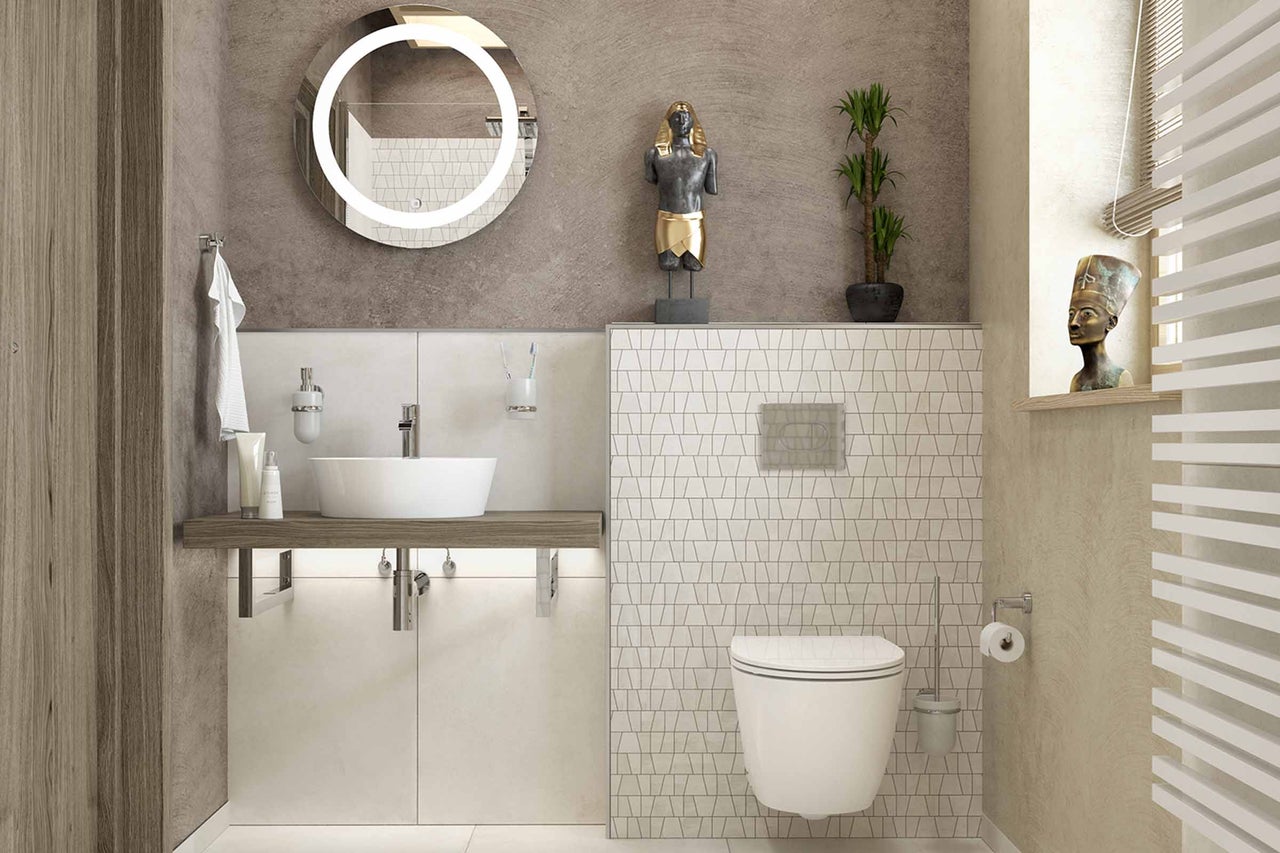 Salle de bain moderne avec lavabo, miroir, toilettes et radiateur