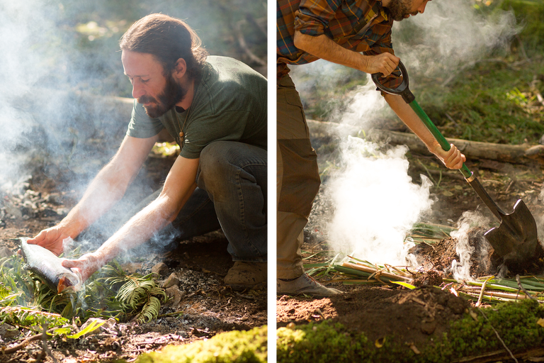 Zweiteiliges Bild: Mann bereitet Fisch am Lagerfeuer zu, Mann schaufelt Erde mit Spaten.