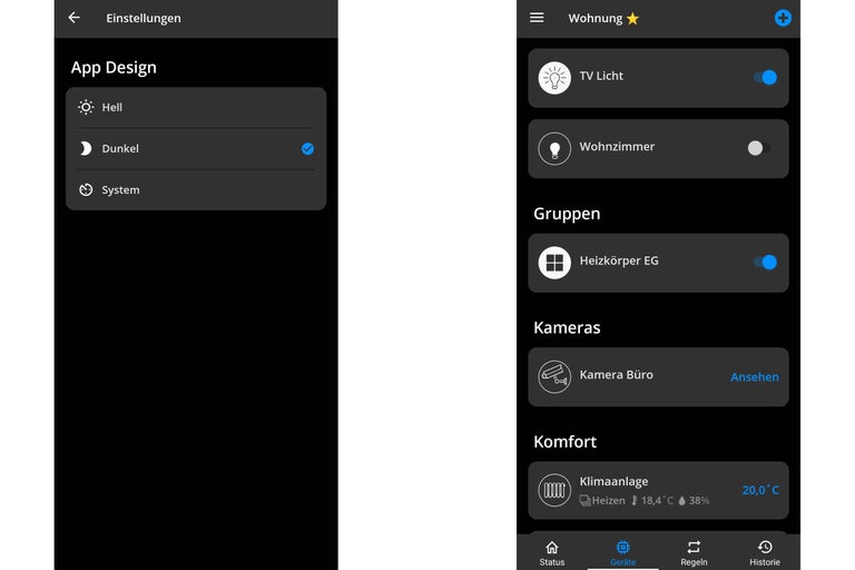Capture d'écran d'une application Smart Home avec menu de réglages et aperçu des appareils