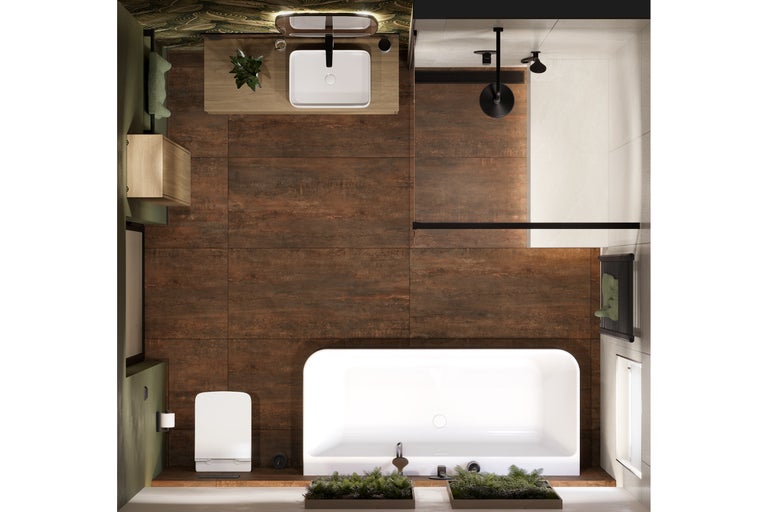 Vue aérienne d'une salle de bains avec baignoire, douche, lavabo et carrelage marron