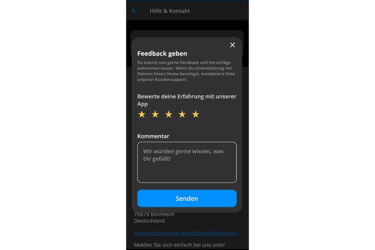 Formulaire de commentaires de l'application Hornbach