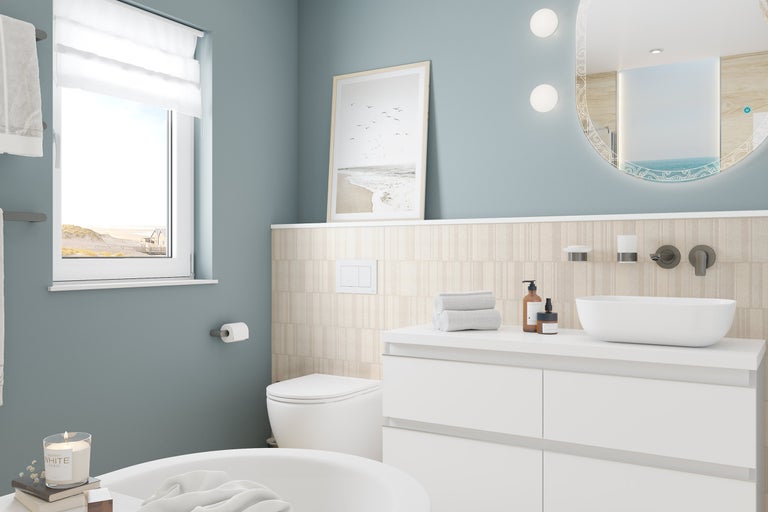 Salle de bain moderne avec lavabo, miroir et toilettes