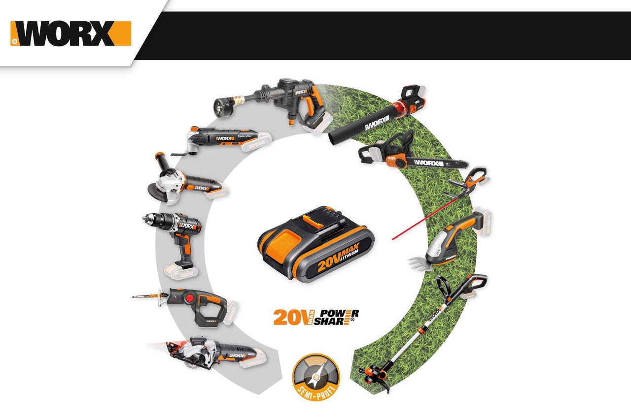 Logo Worx et illustration de divers outils Worx, y compris perceuse, scie et coupe-bordure