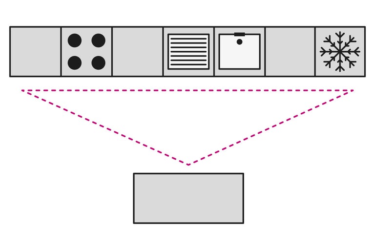 Planification de cuisine avec plaque de cuisson, four, évier et réfrigérateur