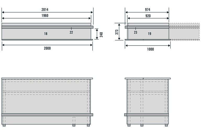 Technische Zeichnung eines Möbels mit Maßangaben