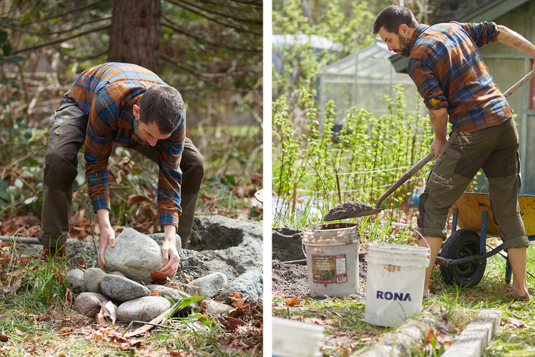 Mann arbeitet im Garten mit Steinen, Schaufel und Schubkarre