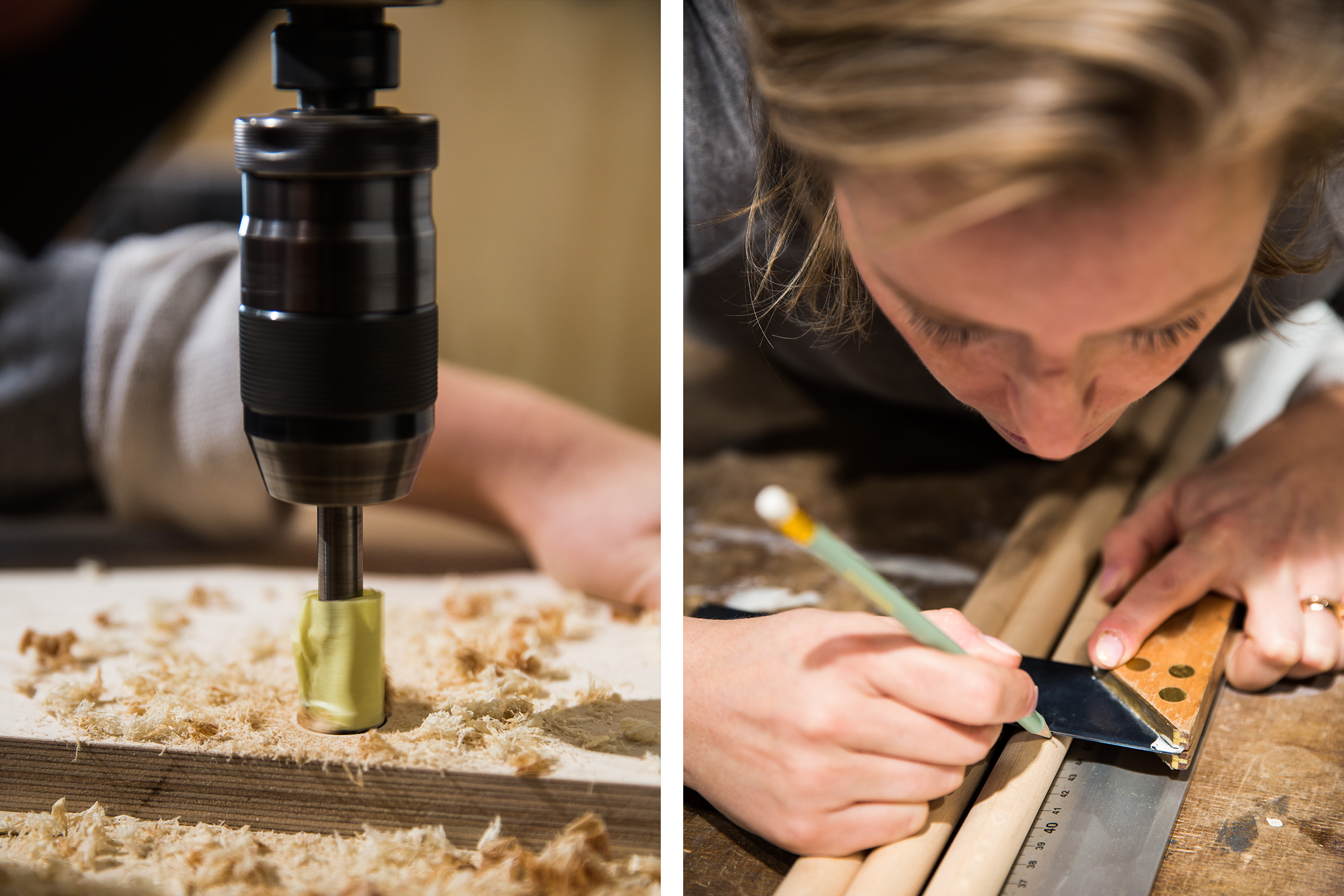 Eine Person bohrt ein Loch in ein Holzbrett und markiert ein Werkstück mit einem Winkel