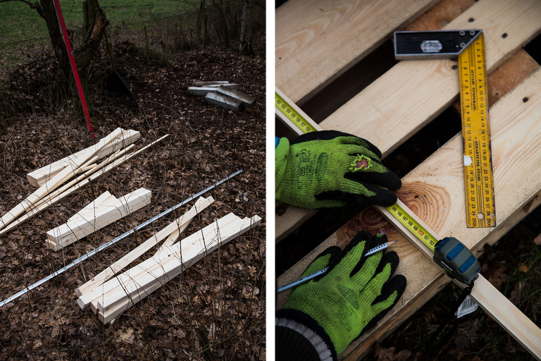 Zuschnitt von Holzlatten im Garten mit Zollstock, Messband und Winkel