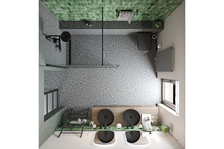 Vogelperspektive eines Badezimmers mit Dusche, Toilette, Waschbecken und Heizkörper