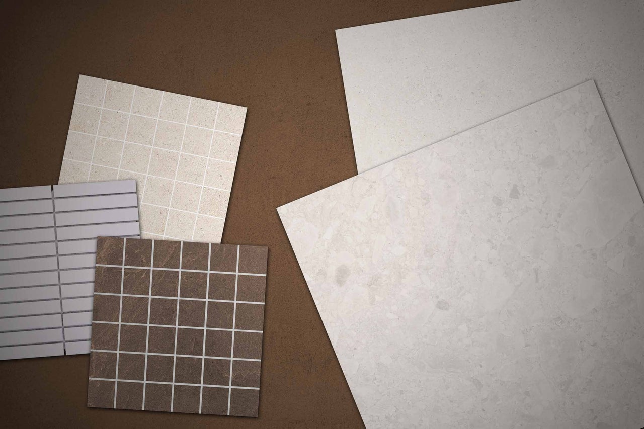 Sélection de carrelages de sol et mosaïques en grès cérame aspect pierre, différents formats et nuances.