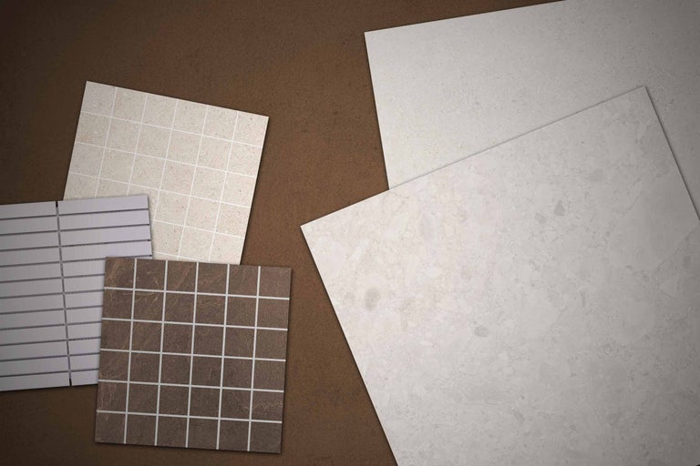 Sélection de carrelages de sol et mosaïques en grès cérame aspect pierre, différents formats et nuances.