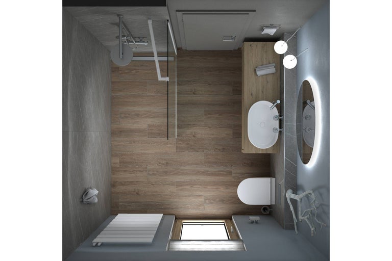 Vue de dessus d'une salle de bains avec douche, toilettes, lavabo et miroir