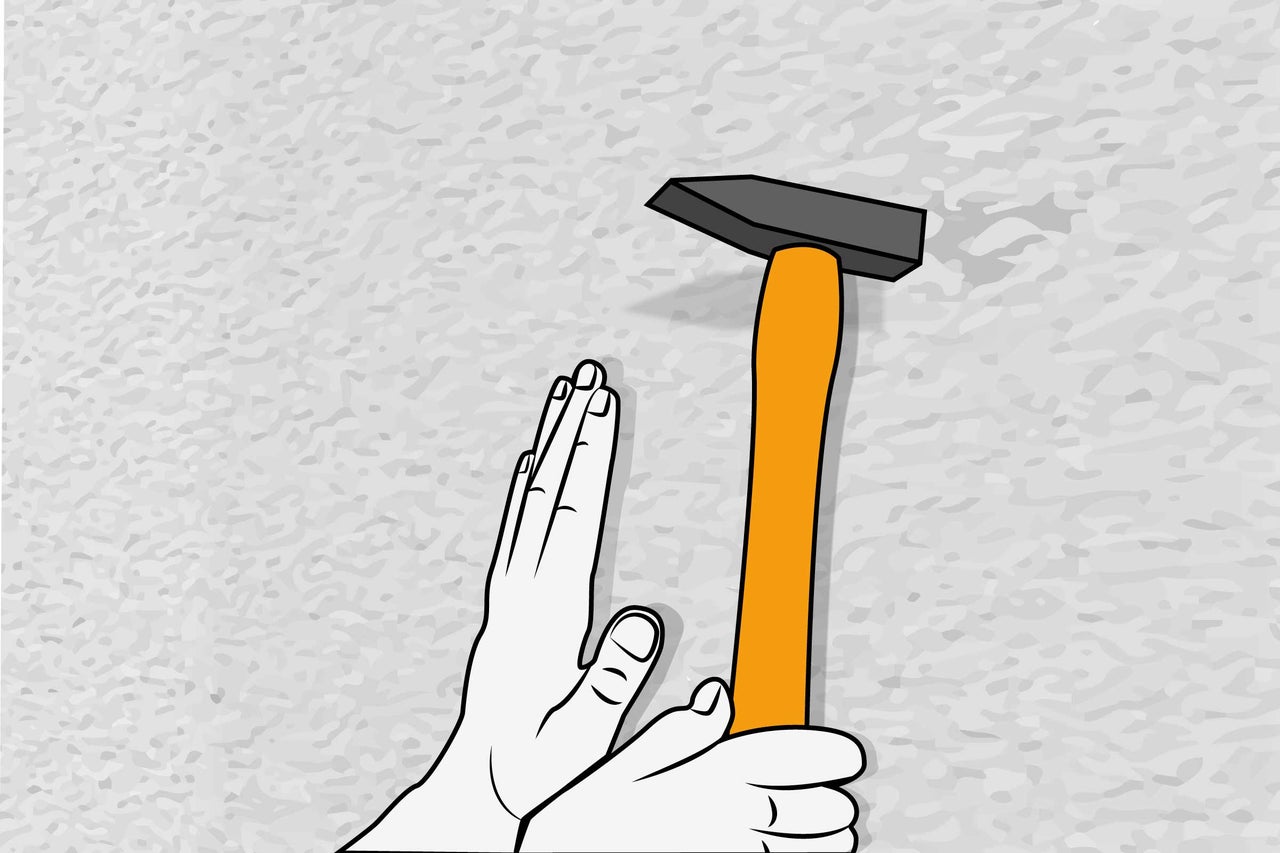 Illustration d'un marteau et d'une main devant un mur
