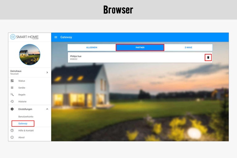Affichage navigateur Smart Home avec paramètres de passerelle