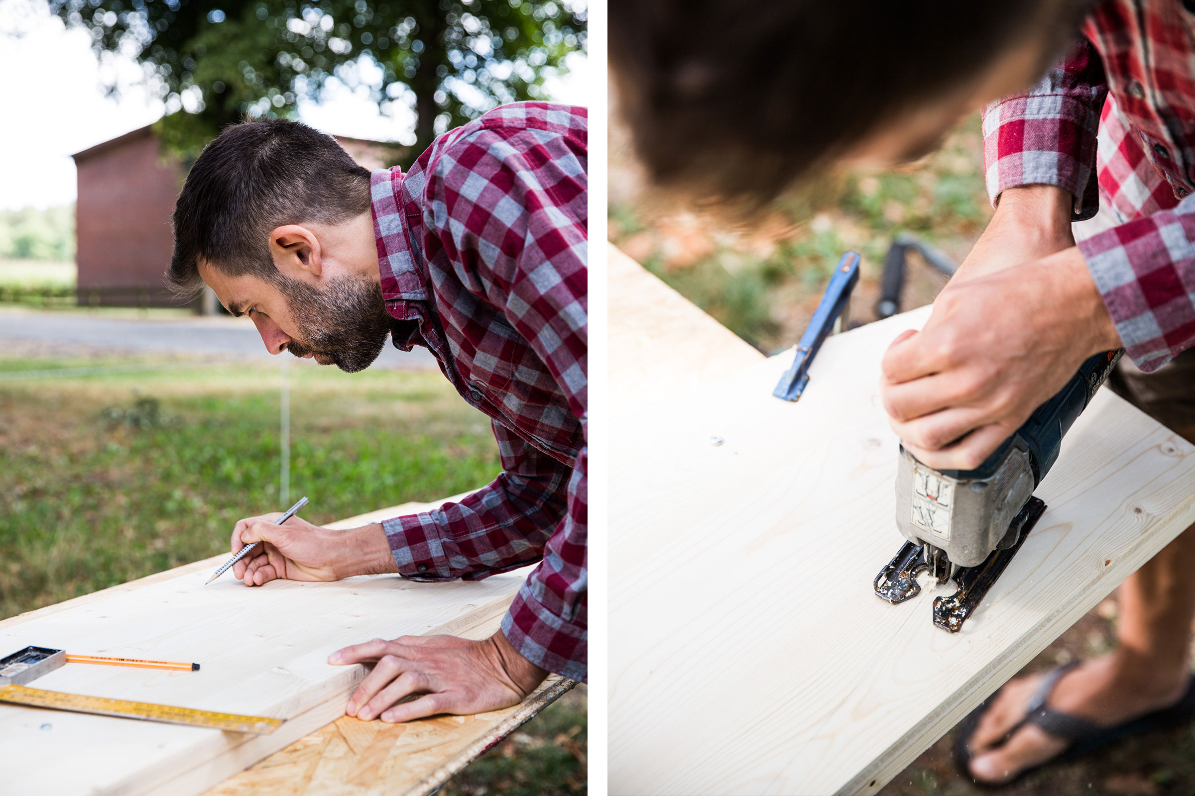 Mann bearbeitet Holz mit Bleistift und Stichsäge