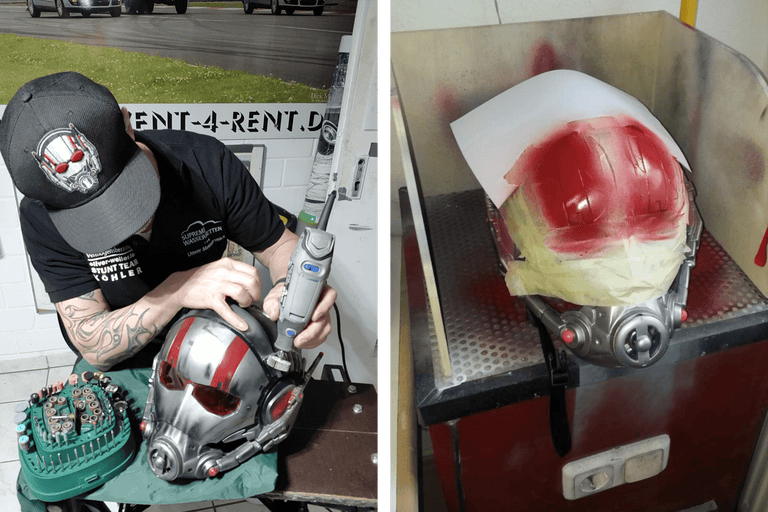 Eine Person bearbeitet einen Helm mit einem Multifunktionswerkzeug. Der Helm ist teilweise mit Farbe besprüht.