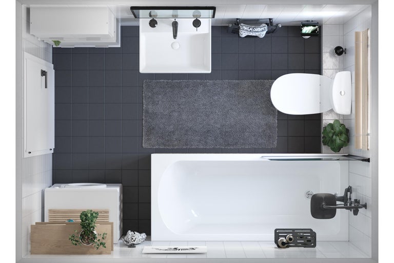 Vogelperspektive eines Badezimmers mit Waschbecken, Badewanne, Toilette und Fliesenboden