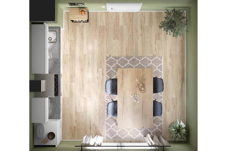 Draufsicht eines Wohnbereichs mit Holzboden, Esstisch mit Stühlen und Küchenzeile.