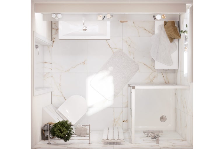 Vue de dessus d'une salle de bains avec lavabo, toilettes, douche et tapis de bain