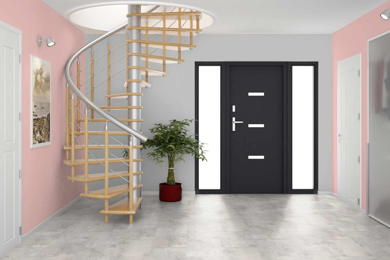 Intérieur avec escalier en colimaçon, porte d'entrée et plante d'intérieur