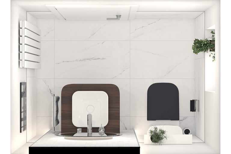 Helles Badezimmer mit Waschbecken, Heizkörper, Toilette und Pflanzen