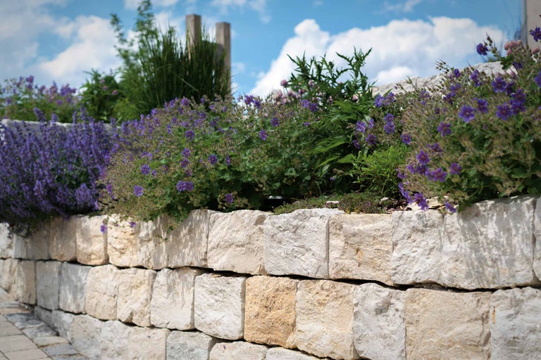Des pierres naturelles empilées forment un mur de jardin avec des plantes fleuries.