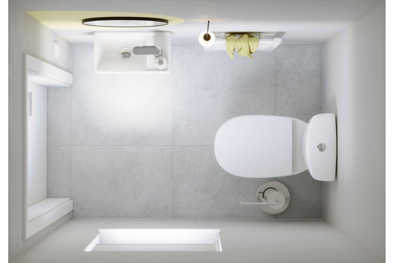 Vue de dessus d'une salle de bains avec lavabo, toilettes et porte-serviettes