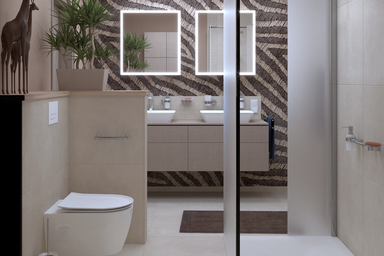 Salle de bain lumineuse avec double vasque, miroirs éclairés et aménagement moderne