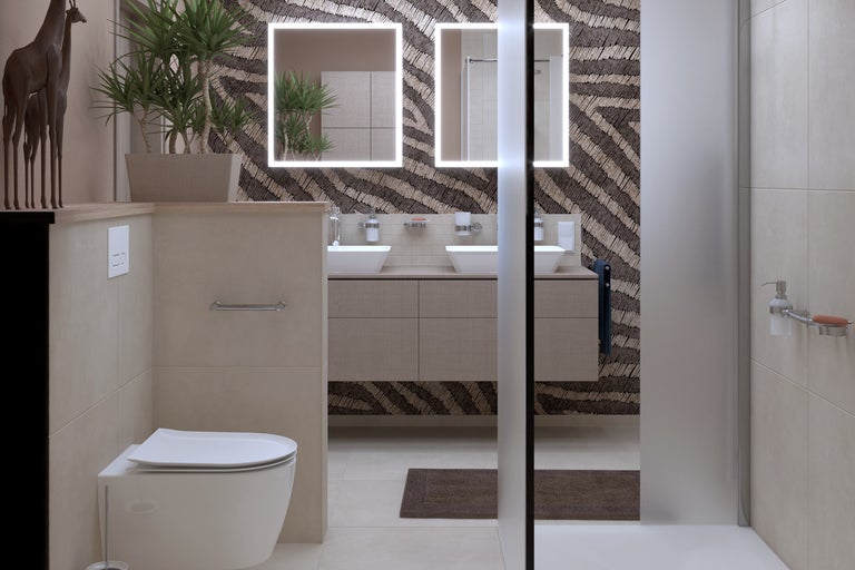 Helles Badezimmer mit Doppelwaschtisch, beleuchteten Spiegeln und moderner Einrichtung