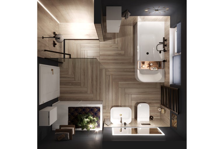 Vue plongeante d'une salle de bains avec baignoire, lavabo, toilettes et parquet