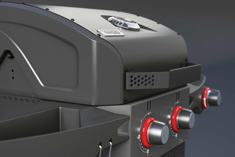 Vue détaillée d'un barbecue à gaz avec boutons de réglage et grille de maintien au chaud