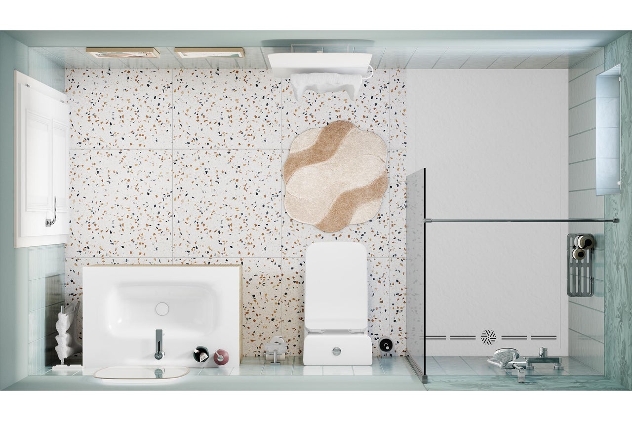 Salle de bains moderne vue de dessus avec carrelage en terrazzo, lavabo blanc, toilette suspendue et douche à l'italienne avec paroi en verre.