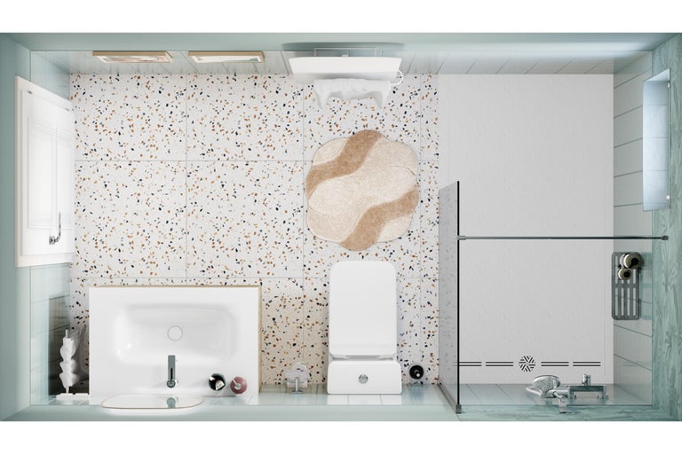 Salle de bains moderne vue de dessus avec carrelage en terrazzo, lavabo blanc, toilette suspendue et douche à l'italienne avec paroi en verre.