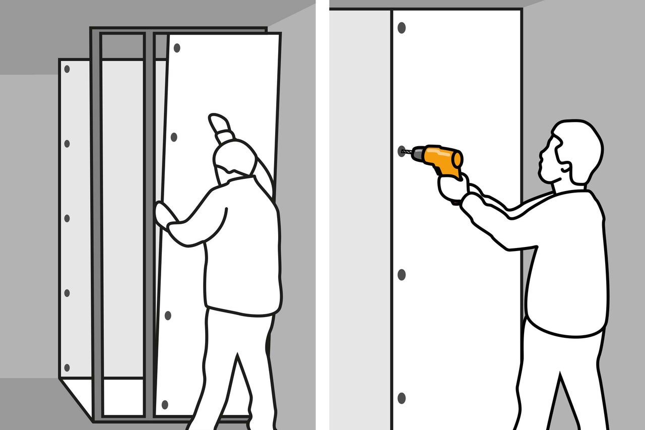 Illustration von Personen bei der Montage einer Wandverkleidung mit Schrauben