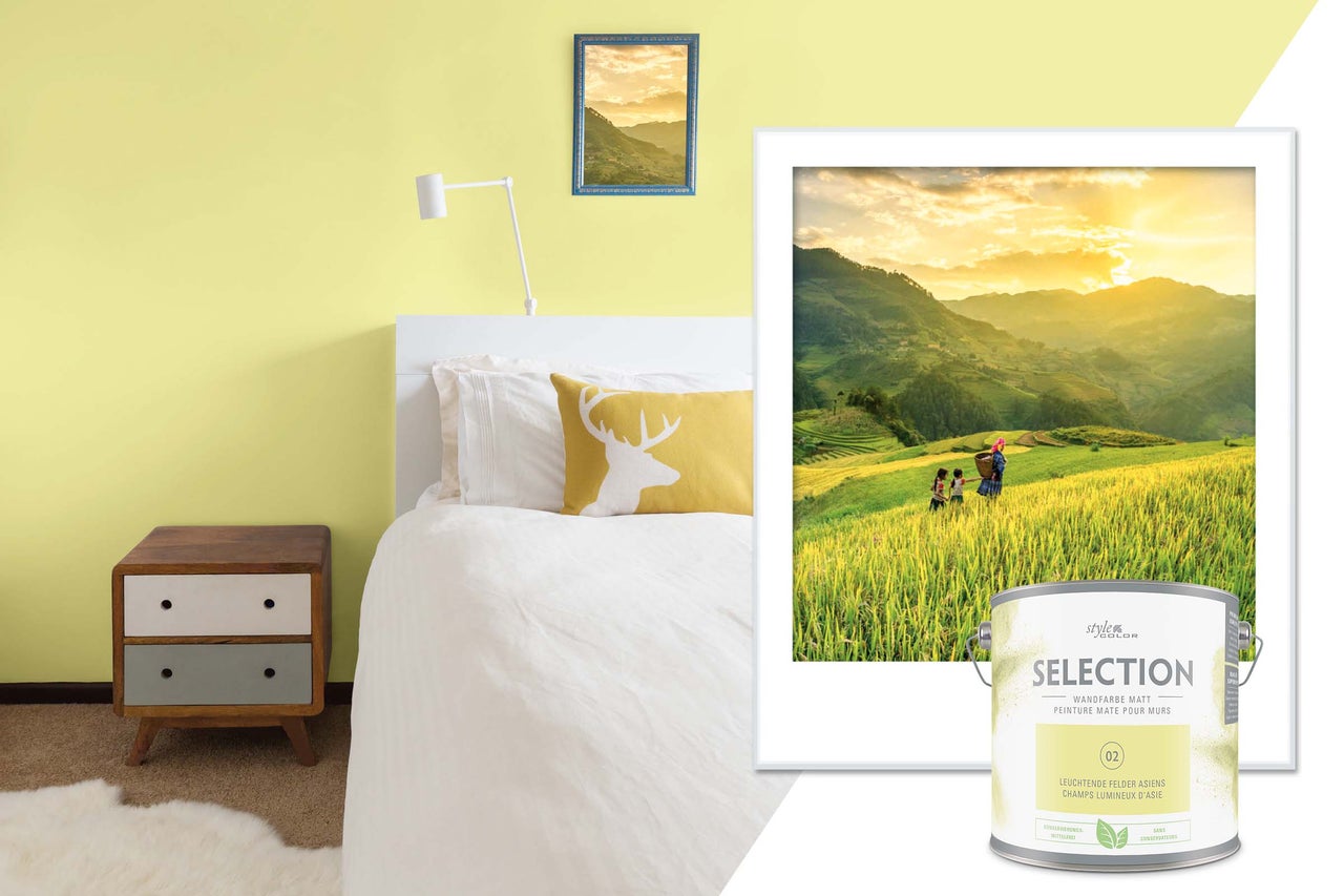 Chambre avec peinture murale, lit, table de chevet et pot de peinture murale StyleColor Selection