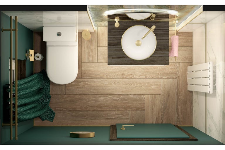 Vue plongeante d'une salle de bains avec toilettes, lavabo, sèche-serviettes et parquet