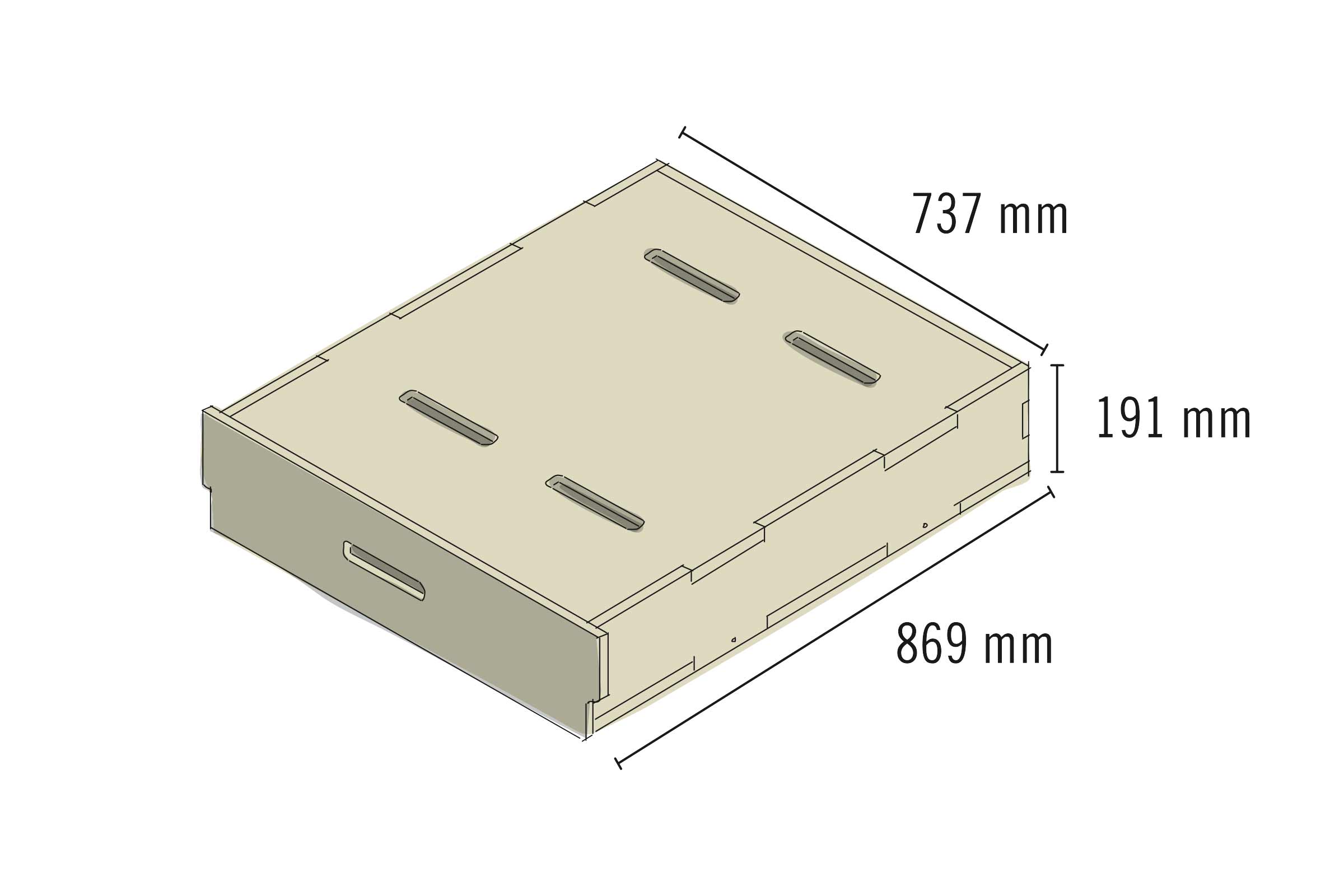 Tiroir avec les dimensions 737 mm x 869 mm x 191 mm