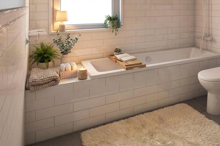 Salle de bains avec baignoire, toilettes, carrelage et éléments de décoration pour une ambiance de détente