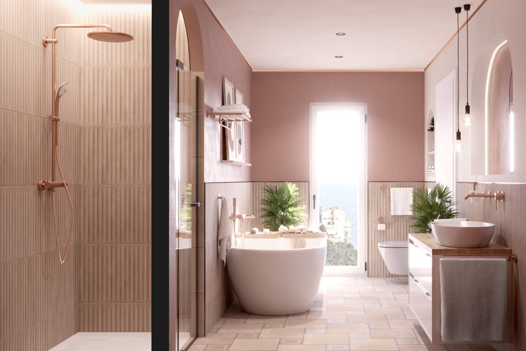 Badezimmer mit Dusche, Badewanne und Waschtisch in hellem Design