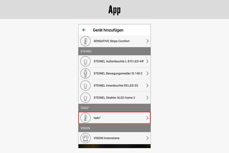 Vue de l'application pour ajouter un appareil Tado