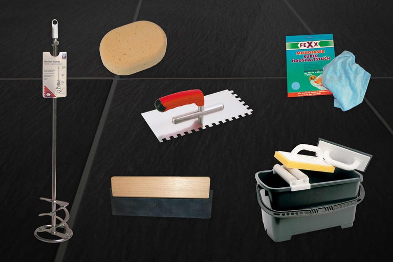 Set d'outils de carreleur avec agitateur, éponge, taloche à joints, chiffon de nettoyage, seau et lisseuse