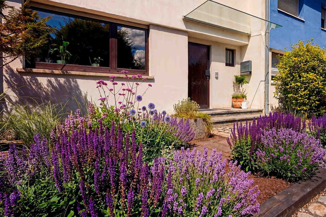 Jardin de devant avec des vivaces violettes comme la lavande et la sauge devant une entrée de maison avec auvent en verre et porte en bois.
