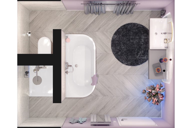 Vue de dessus d'une salle de bain avec douche, toilettes, baignoire, lavabo, tapis rond et plante d'intérieur