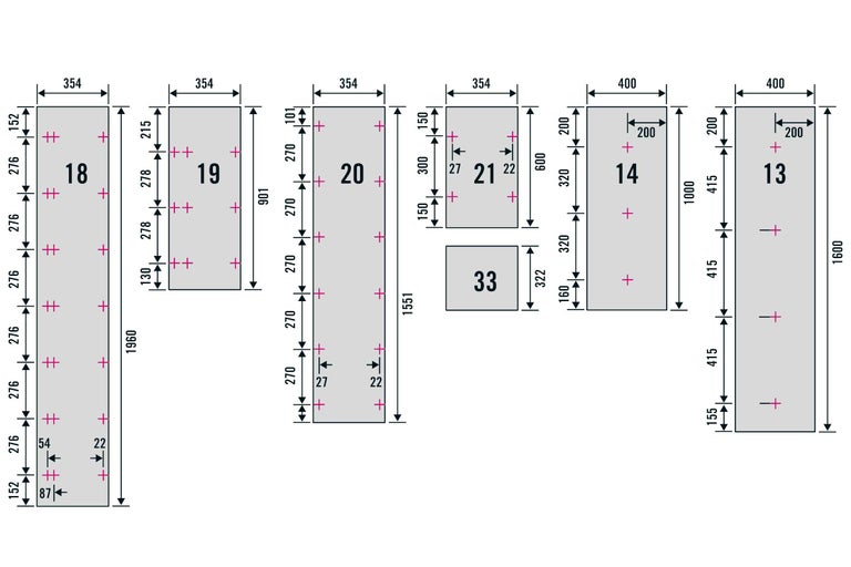 Abmessungen verschiedener Bauteile mit zugehörigen Maßen