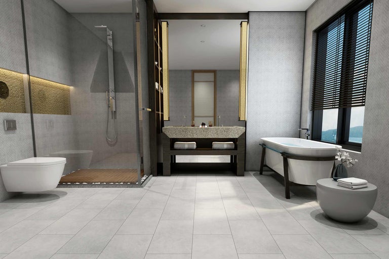 Salle de bain moderne avec douche, toilettes, lavabo et baignoire