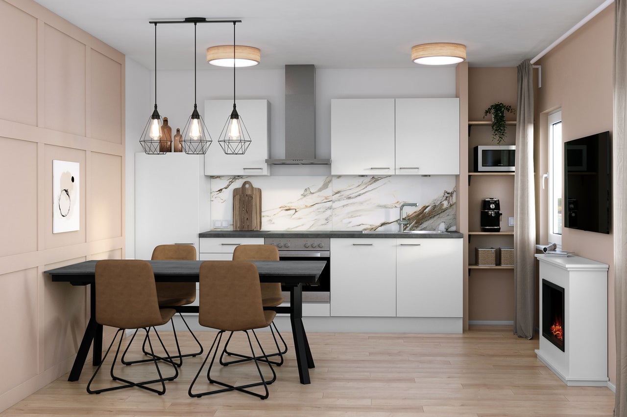 Scène de cuisine avec table à manger, chaises et meubles de cuisine dans un design clair et moderne.