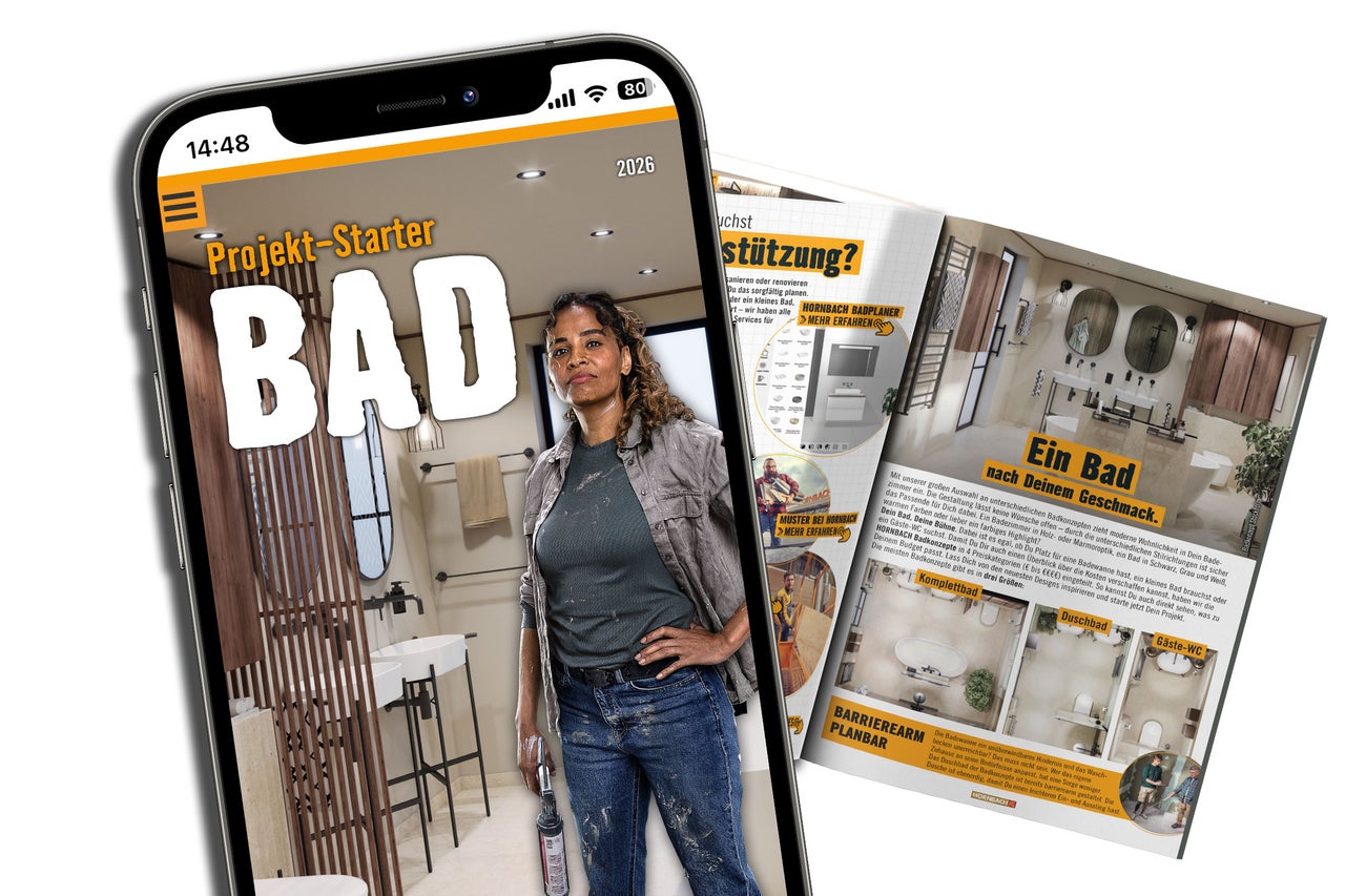 Publicité smartphone avec projet de salle de bains Hornbach, femme avec pistolet à cartouche devant une scène de salle de bains