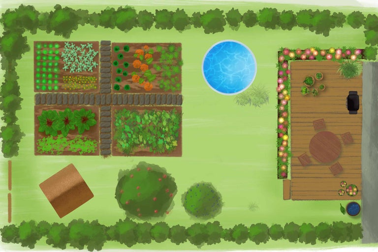 Vue de dessus d'un jardin avec potagers, piscine et terrasse